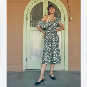 WHIT Leaf-print One-Shouldered Ruffled Midi Sundress 2 NWOT